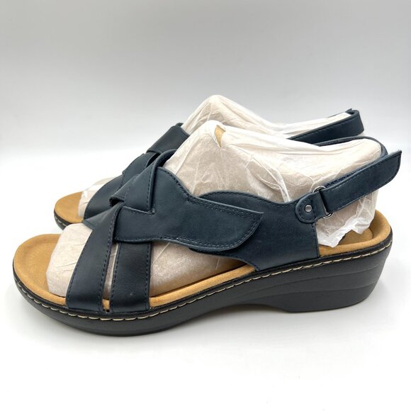 Clarks Womens Size 12‎ Merliah Echo Navy Blue Leather Low Wedges Sandals Shoes - Picture 6 of 14